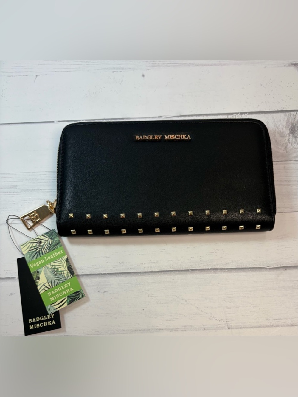 Badgley Mischka Black Leather Zip-Around Wallet with Gold Studs